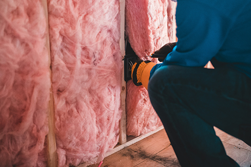 A person inspects attic insulation