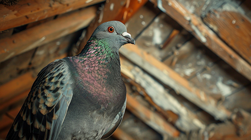 pigeon in an attic which is covered in bird droppings