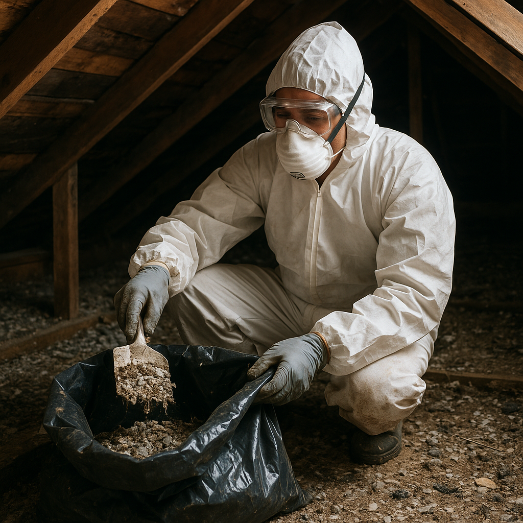 A technician dressed in full protective gear collecting attic debris with a shovel and placing it in a disposal bag.