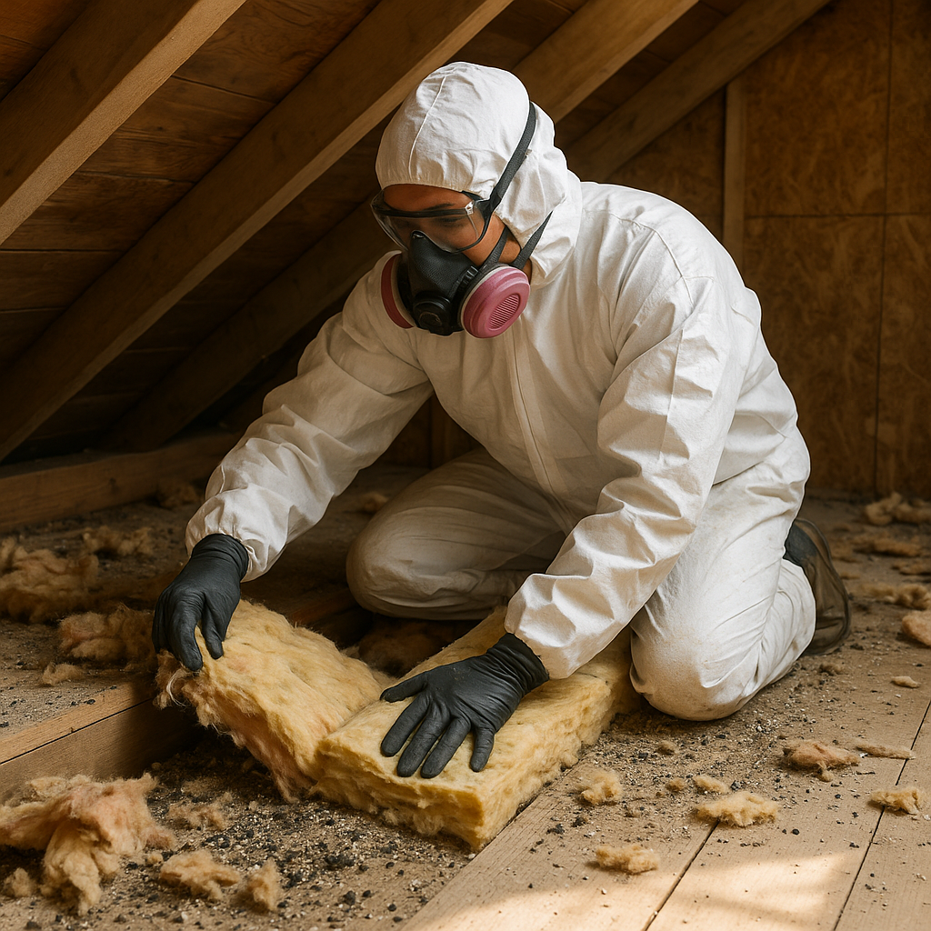 Worker in hazmat suit handling fiberglass insulation in attic during pest cleanup.