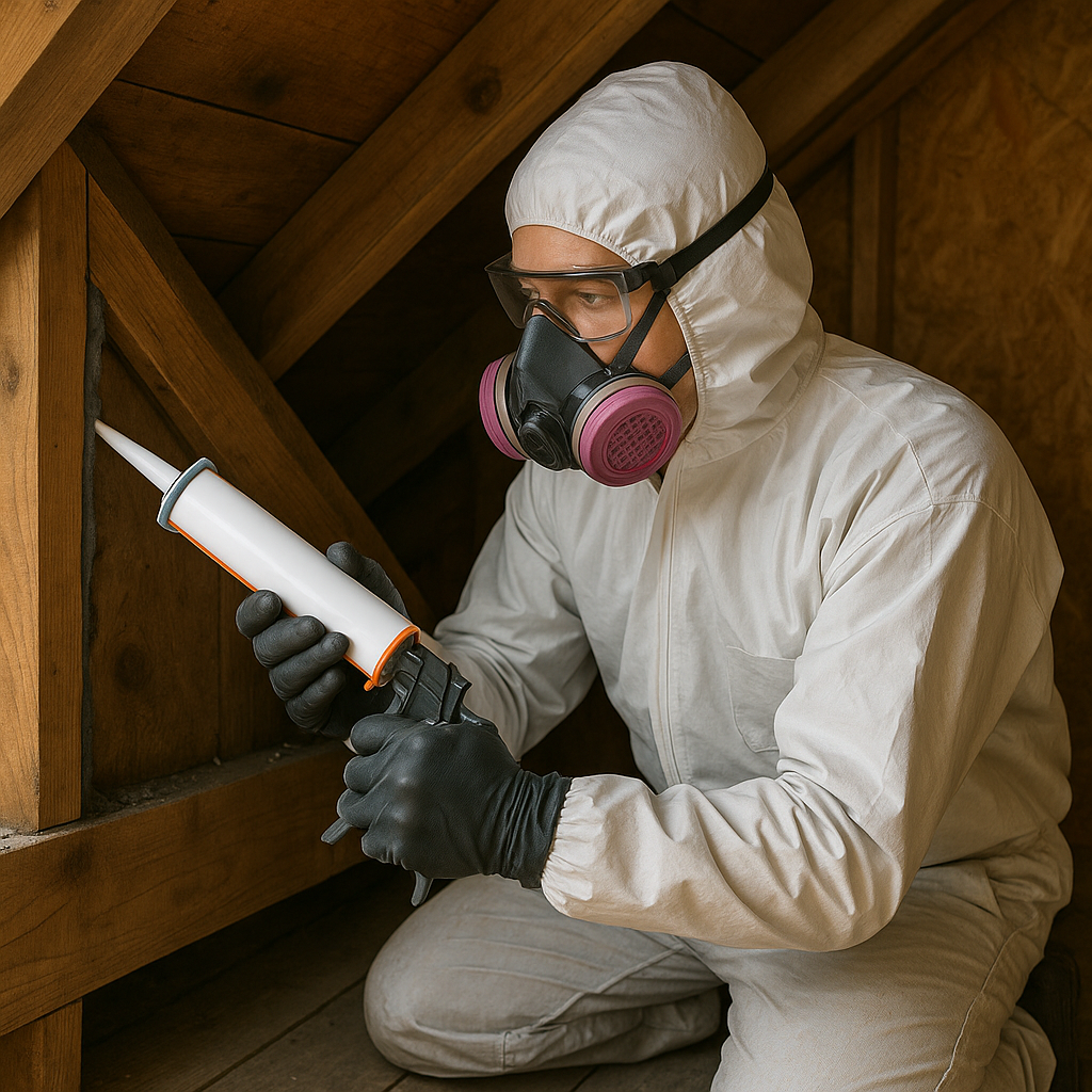 Person in hazmat suit sealing attic joint with caulking gun during pest-proofing