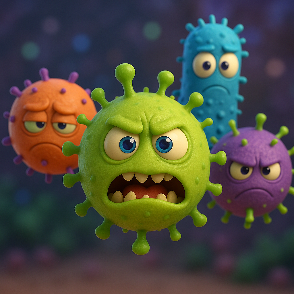 Cartoon viruses with expressive faces representing airborne pathogens.