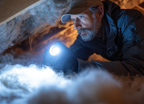 Person inspecting attic insulation with flashlight