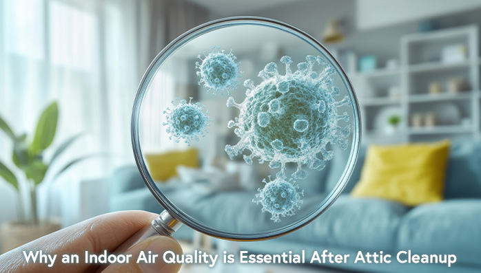 A magnifying glass reveals airborne pollutants inside a living room, indicating the need for an Indoor Air Quality Test following attic cleanup.