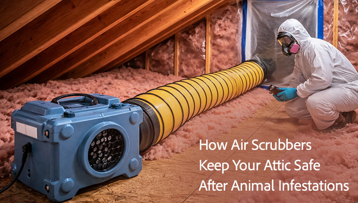 Technician using an air scrubber with HEPA filtration during attic cleanup after animal infestation